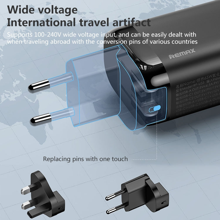 REMAX RP-U55 Territory Series 65W USB+Doble interfaz USB-C / Type-C Cargador rápido, EU Plug, UK Plug, CN Plug