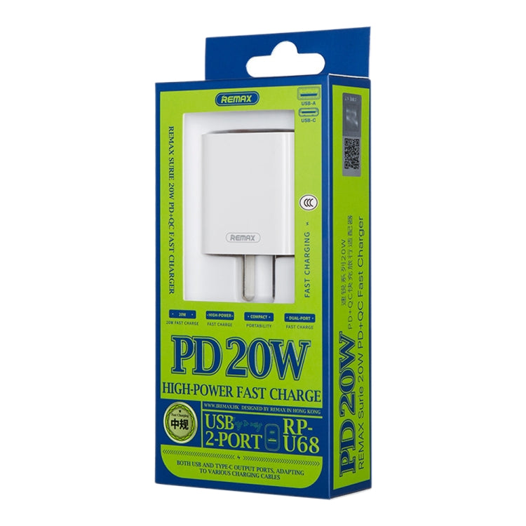 REMAX RP-U68 Speedy Series 20W USB+USB-C/Tipo-C Interfaz Cargador rápido, CN Plug, EU Plug, UK Plug, US Plug