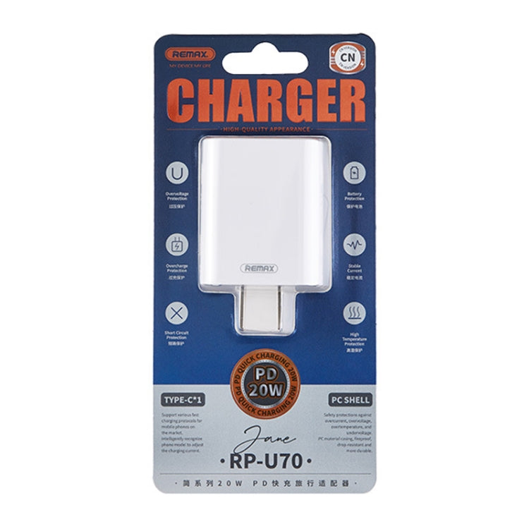 REMAX RP-U70 Serie Jane 20W USB-C/Tipo-C Cargador rápido PD, CN Plug, EU Plug, UK Plug, US Plug