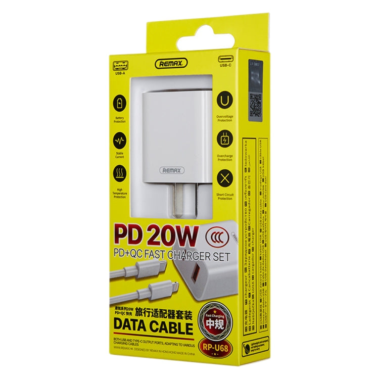 REMAX RP-U68 20W USB+USB-C/Type-C Juego de cargador rápido de doble interfaz, CN Plug, EU Plug, UK Plug, US Plug