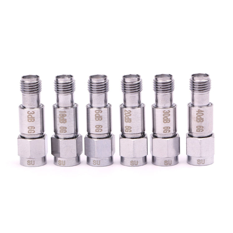 Atenuador SMA DC-6GHz Conectores fijos coaxiales SMA, 1dBi, 2dBi, 3dBi, 5dBi, 6dBi, 8dBi, 9dBi, 10dBi, 15dBi, 25dBi, 30dBi, 40dBi, 50dBi, 60dBi