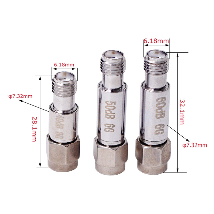 Atenuador SMA DC-6GHz Conectores fijos coaxiales SMA, 1dBi, 2dBi, 3dBi, 5dBi, 6dBi, 8dBi, 9dBi, 10dBi, 15dBi, 25dBi, 30dBi, 40dBi, 50dBi, 60dBi