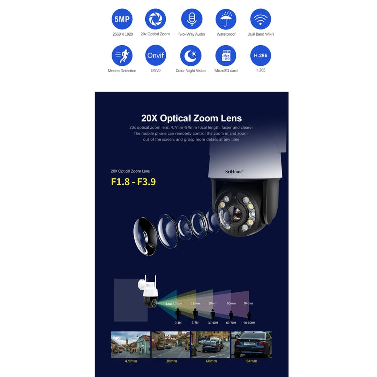 SriHome SH041 5.0MP 20X Zoom óptico 2.4G / 5G WiFi Impermeable AI Seguimiento automático H.265 Videovigilancia, US Plug, EU Plug, UK Plug, AU Plug
