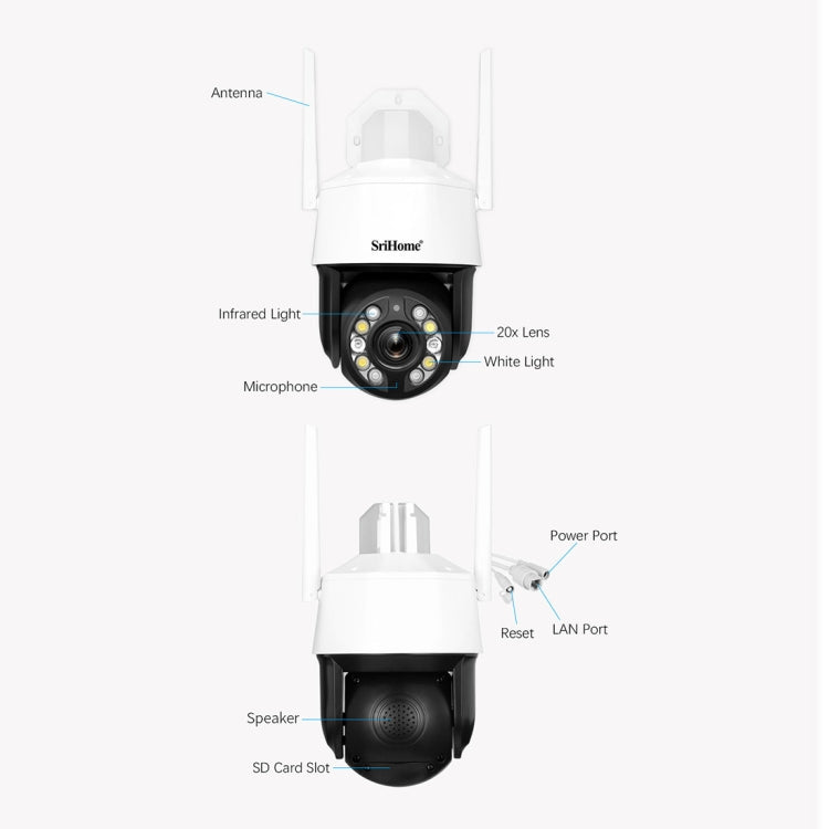 SriHome SH041 5.0MP 20X Zoom óptico 2.4G / 5G WiFi Impermeable AI Seguimiento automático H.265 Videovigilancia, US Plug, EU Plug, UK Plug, AU Plug