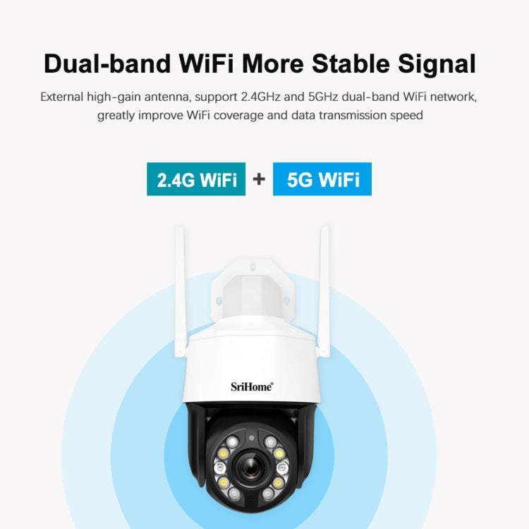 SriHome SH041 5.0MP 20X Zoom óptico 2.4G / 5G WiFi Impermeable AI Seguimiento automático H.265 Videovigilancia, US Plug, EU Plug, UK Plug, AU Plug