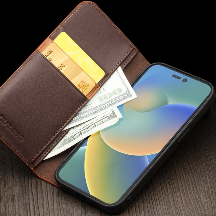Estuche para teléfono de PU con tapa horizontal comercial QIALINO, For iPhone 14, For iPhone 14 Plus, For iPhone 14 Pro, For iPhone 14 Pro Max