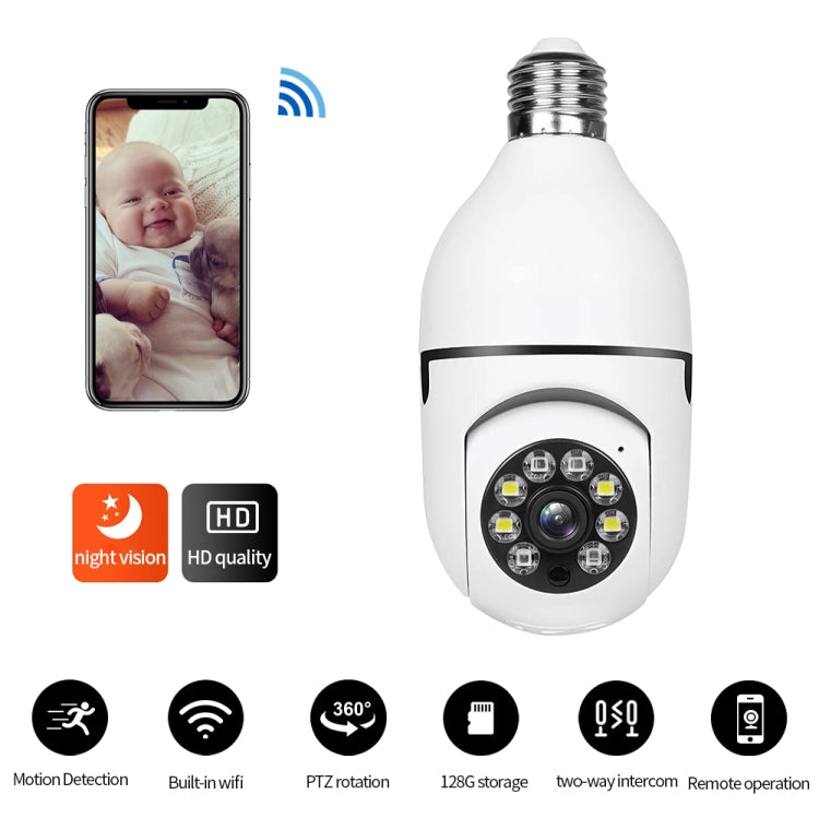 A6 2MP HD Bombilla WiFi Soporte de cámara Detección de movimiento/Audio bidireccional/Visión nocturna/Tarjeta TF, With 8G Memory Card