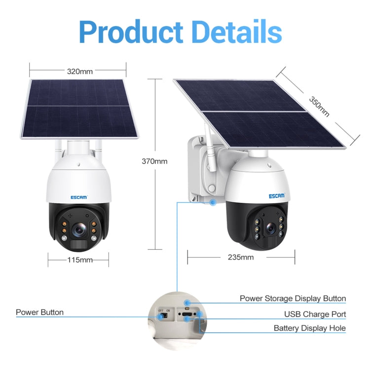 ESCAM QF724 3MP 24h Grabación Almacenamiento en la nube PT 4G PIR Alarma Cámara IP con panel solar, US Plug, EU Plug