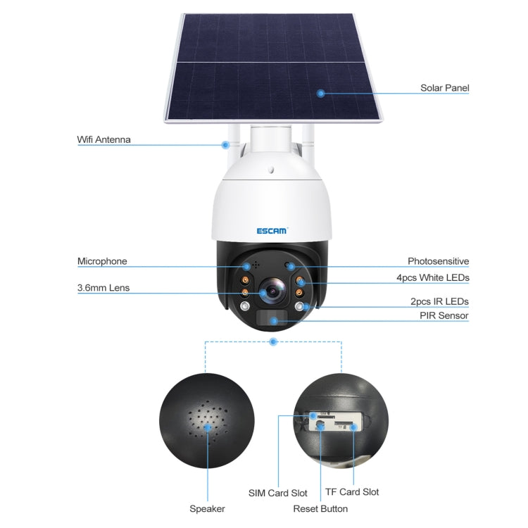 ESCAM QF724 3MP 24h Grabación Almacenamiento en la nube PT 4G PIR Alarma Cámara IP con panel solar, US Plug, EU Plug