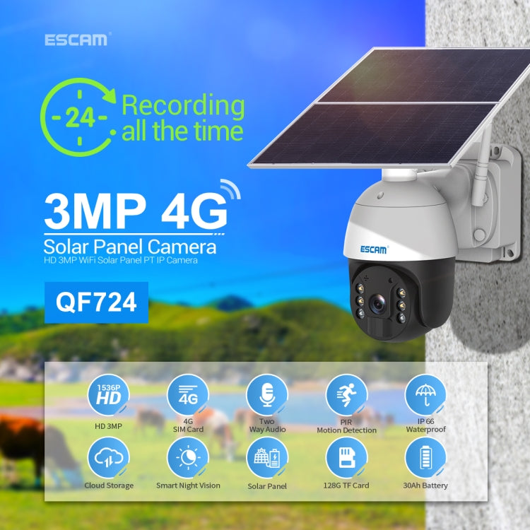 ESCAM QF724 3MP 24h Grabación Almacenamiento en la nube PT 4G PIR Alarma Cámara IP con panel solar, US Plug, EU Plug