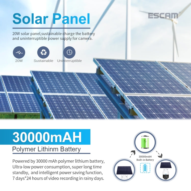 ESCAM QF724 3MP 24h Grabación Almacenamiento en la nube PT 4G PIR Alarma Cámara IP con panel solar, US Plug, EU Plug