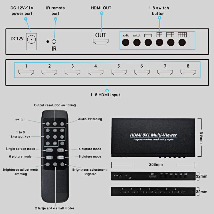 El multivisor HDMI NK-818 8x1 admite conmutador continuo 1080P, enchufe de EE. UU., NK-818, US Plug