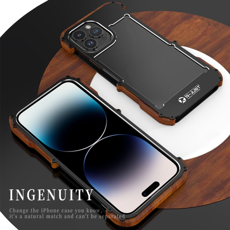 R-JUST Ironwood Generation Metal + Funda para teléfono de madera, For iPhone 14, For iPhone 14 Plus, For iPhone 14 Pro, For iPhone 14 Pro Max