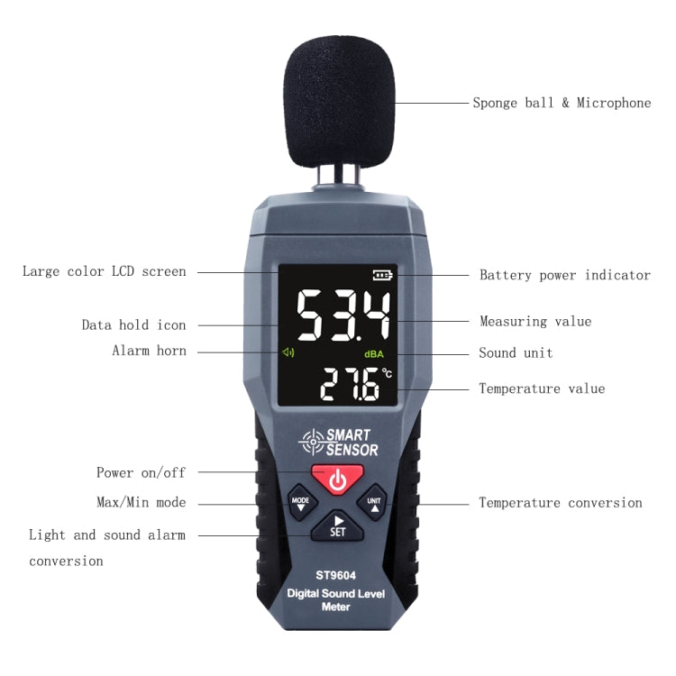 Probador de audio del detector de decibelios SmartSensor dB, ST9604, AS804