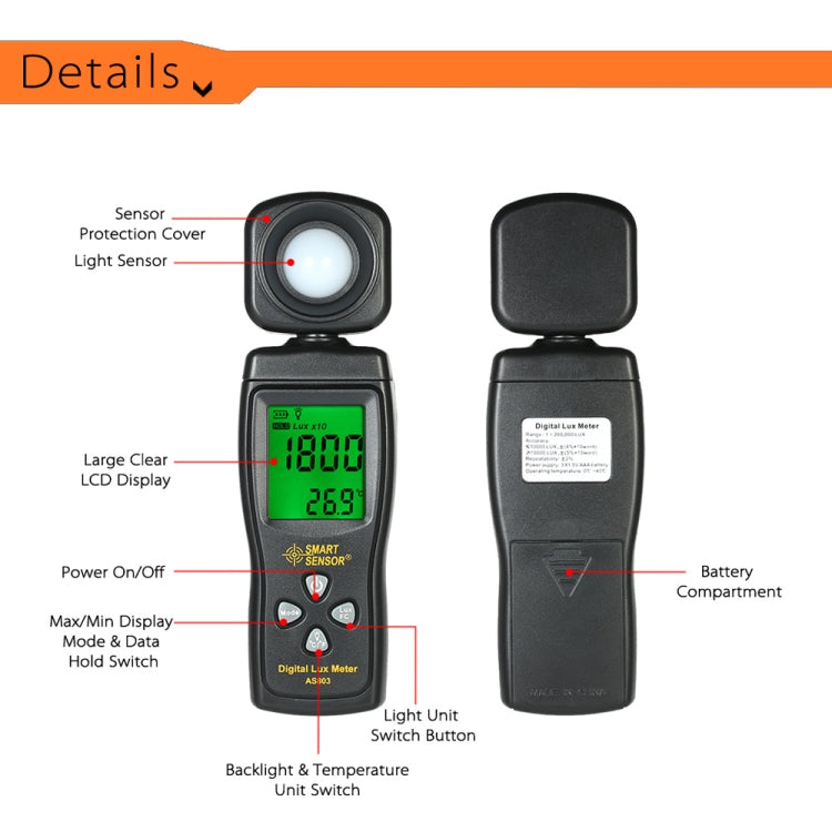 Medidor de lux digital portátil SmartSensor AS803