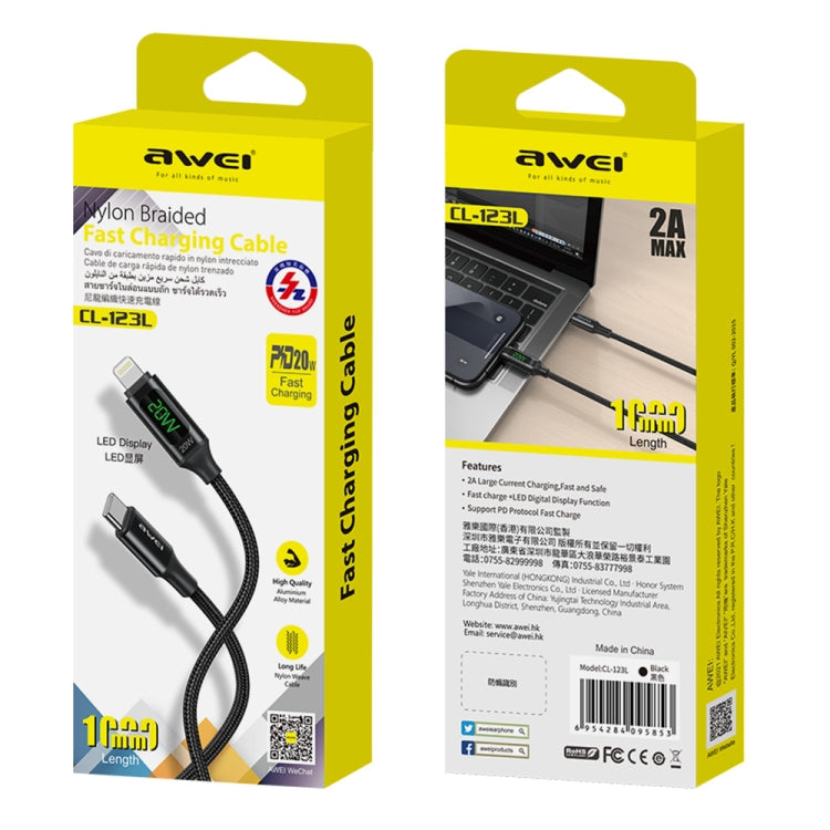 awei CL-123L Cable de carga rápida de datos con pantalla digital de 1 m USB-C / Type-C a 8 pines, CL-123L