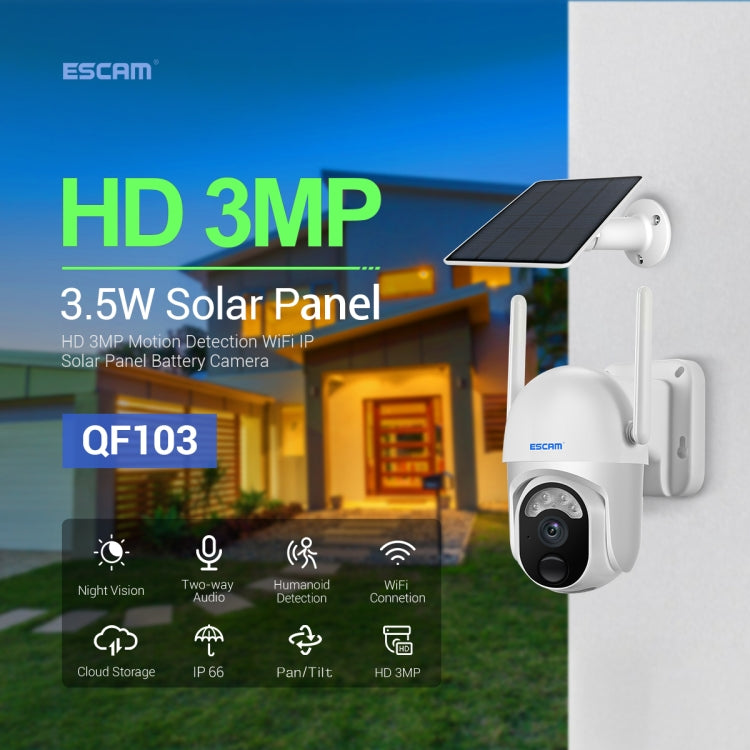 ESCAM QF103 3MP Almacenamiento en la nube PT WIFI PIR Cámara IP con alarma con panel solar Soporte de batería Visión nocturna a todo color y audio bidireccional, QF103