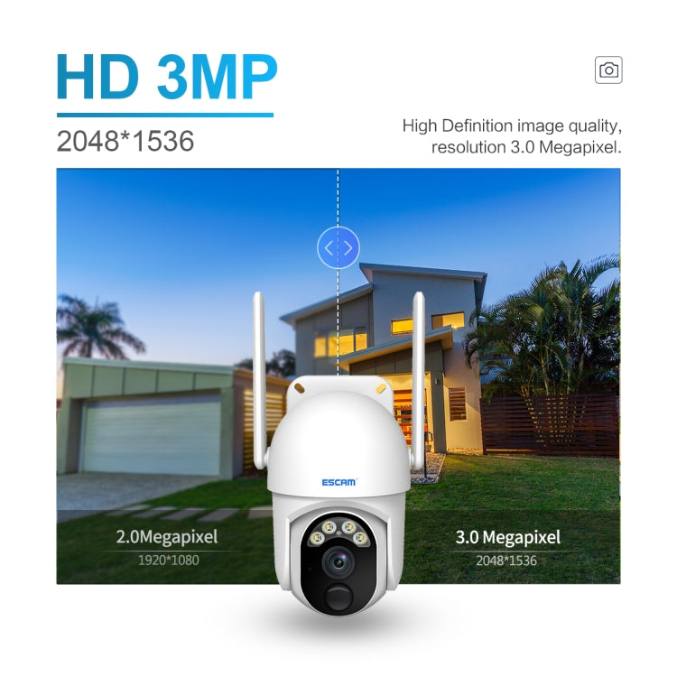 ESCAM QF103 3MP Almacenamiento en la nube PT WIFI PIR Cámara IP con alarma con panel solar Soporte de batería Visión nocturna a todo color y audio bidireccional, QF103