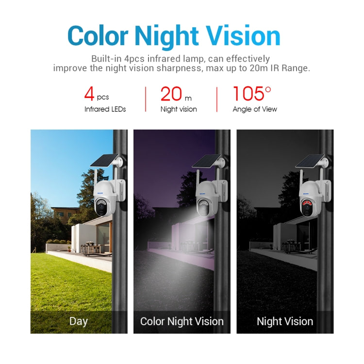 ESCAM QF103 3MP Almacenamiento en la nube PT WIFI PIR Cámara IP con alarma con panel solar Soporte de batería Visión nocturna a todo color y audio bidireccional, QF103
