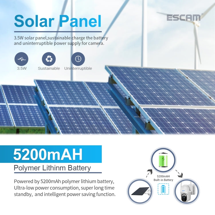 ESCAM QF103 3MP Almacenamiento en la nube PT WIFI PIR Cámara IP con alarma con panel solar Soporte de batería Visión nocturna a todo color y audio bidireccional, QF103