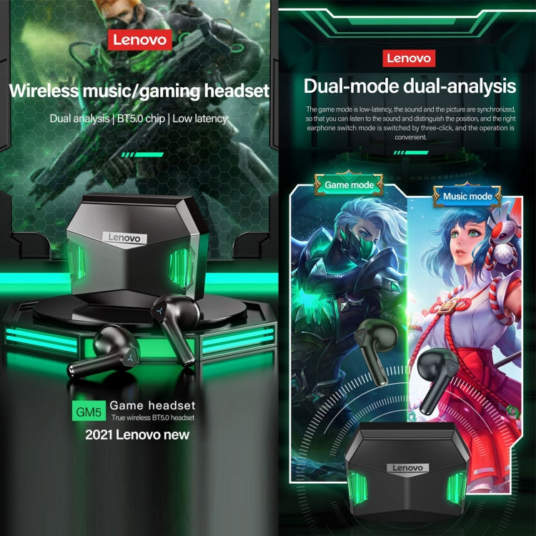 Lenovo GM5 TWS Bluetooth Inalámbrico Deportes A prueba de agua Reducción de ruido Auriculares para juegos con micrófono, GM5