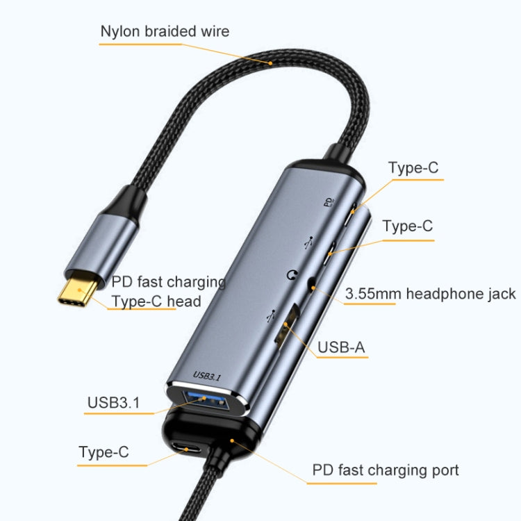 Y003 5 en 1 USB-C/Type-C a USB3.1+USB2.0+Dual USB-C/Type-C+Adaptador multifunción de interfaz de audio de 3,5 mm, Y003
