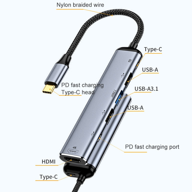 Y004 6 en 1 USB-C/Type-C a HDMI+USB 3.1+Dual USB 2.0+Adaptador multifuncional de interfaz dual USB-C/Type-C, Y004