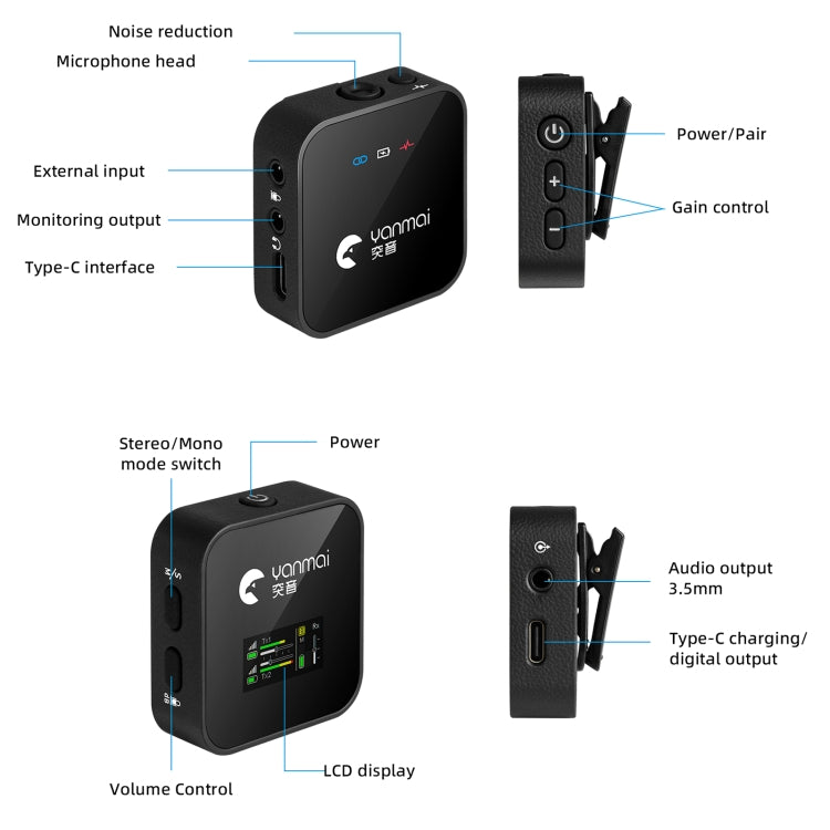 Yanmai GF525 2 en 1 Broadcast 2.4G Micrófono Lavalier inalámbrico Mini micrófono con clip con pantalla LED