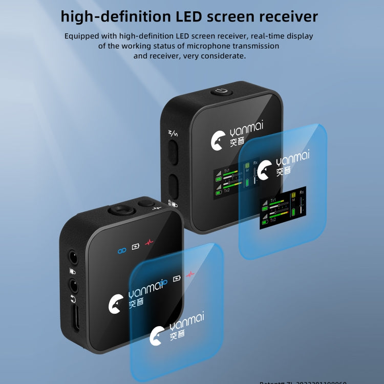 Yanmai GF525 2 en 1 Broadcast 2.4G Micrófono Lavalier inalámbrico Mini micrófono con clip con pantalla LED