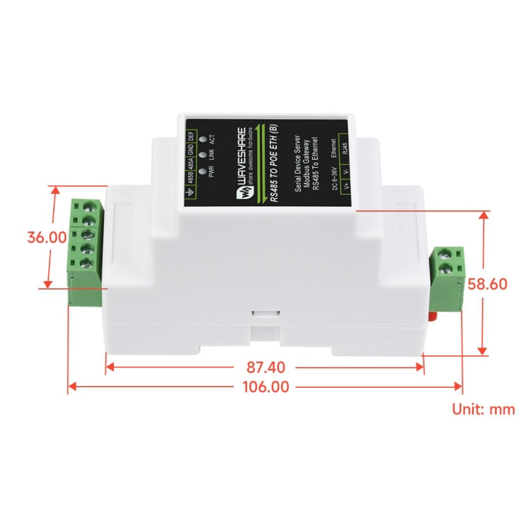 Servidor serie Waveshare Din Rail RS485 a RJ45 con función POE, 23273