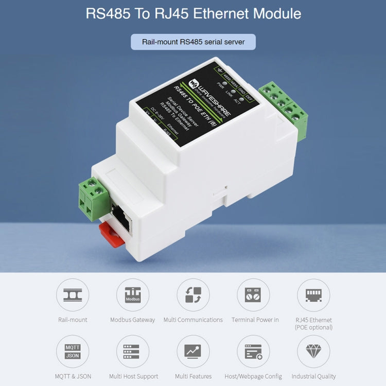 Servidor serie Waveshare Din Rail RS485 a RJ45 con función POE, 23273
