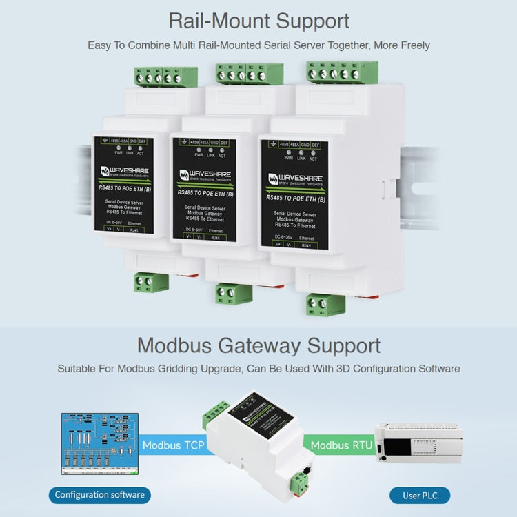 Servidor serie Waveshare Din Rail RS485 a RJ45 con función POE, 23273