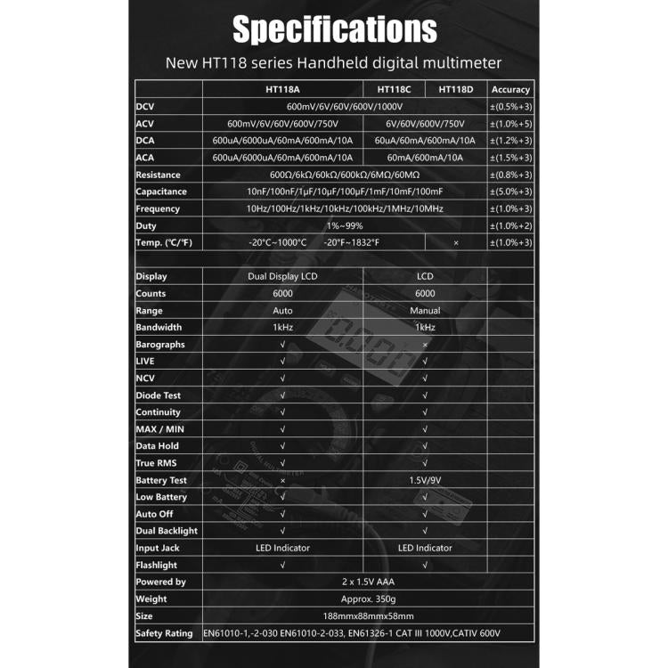 Multímetro digital manual portátil de alta precisión HABOTEST HT118D, HT118D