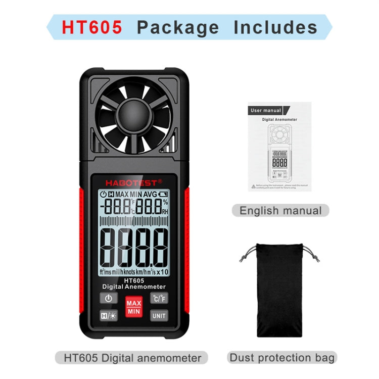 HABOTEST HT605 Probador de velocidad del viento portátil con pantalla digital inteligente, HT605