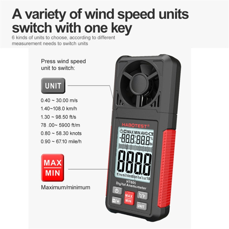 HABOTEST HT605 Probador de velocidad del viento portátil con pantalla digital inteligente, HT605