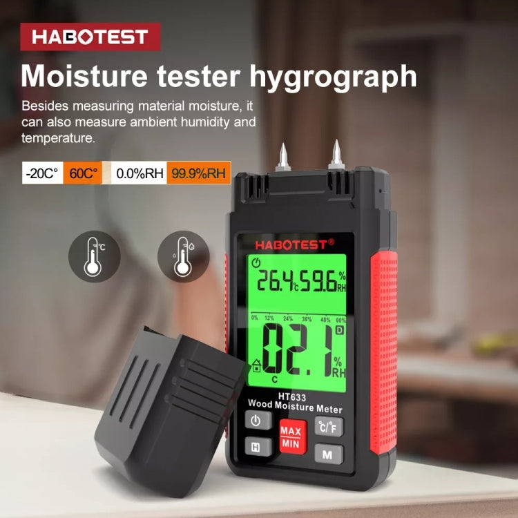 HABOTEST HT633 Detector de humedad de madera con pantalla digital multifuncional portátil, HT633