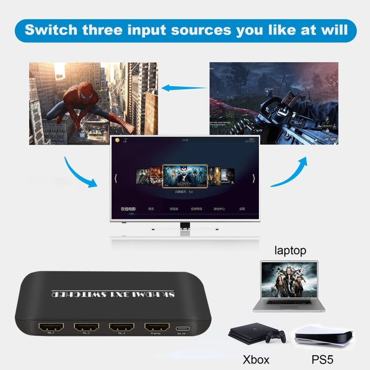 NK-H31 8K 3 en 1 Conmutador HDMI de salida para Xbox PS4 PS5 Roku UHD TV Monitor Proyector, NK-H31