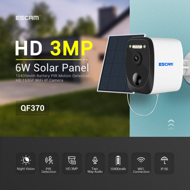 ESCAM QF370 3MP almacenamiento en la nube PT WIFI cámara IP con Panel Solar con alarma PIR compatible con visión nocturna y Audio bidireccional, QF370