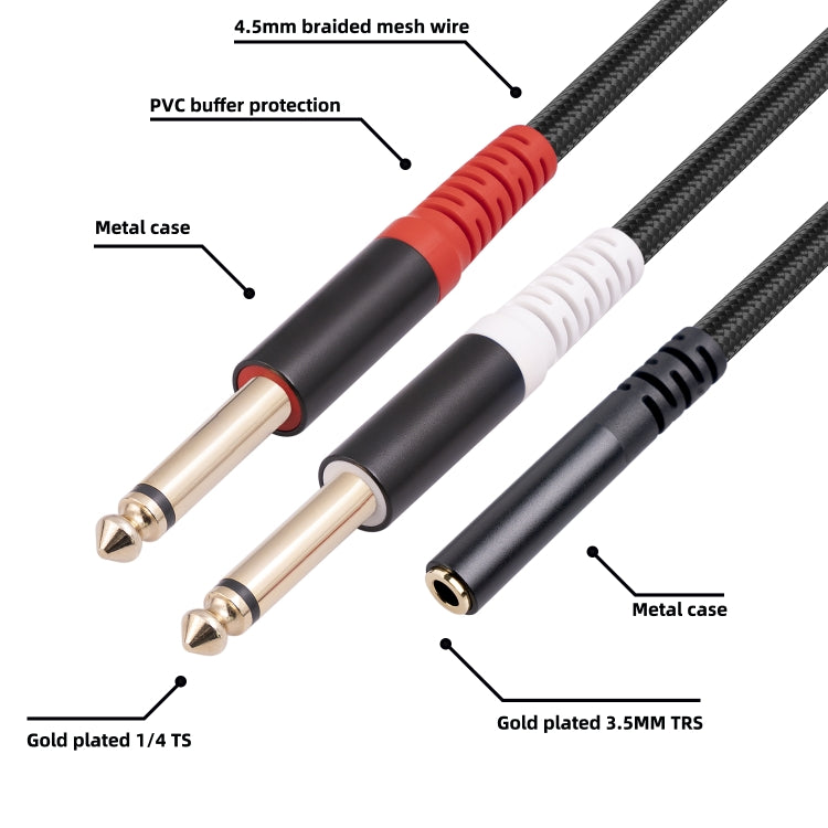 3717 Cable de audio estéreo hembra de 3,5 mm a 6,35 mm 1/4 TS macho, longitud: 30 cm, 3.5mm F to 2 x 6.35mm M