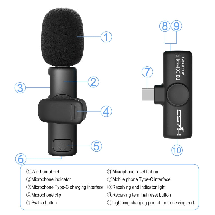 HXSJ F18 2.4G USB-C/Type-C Micrófono inalámbrico Lavalier con reducción de ruido, USB-C/Type-C
