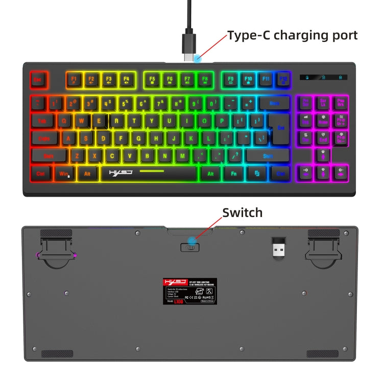 HXSJ L100 87 Teclas RGB Película retroiluminada 2.4G Teclado inalámbrico
