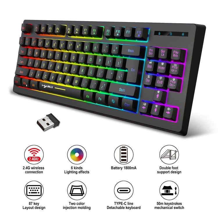 HXSJ L100 87 Teclas RGB Película retroiluminada 2.4G Teclado inalámbrico