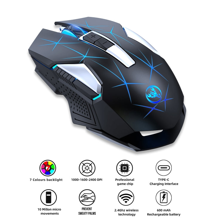 HXSJ T300 7 teclas 2400DPI 2.4G Ratón inalámbrico luminoso colorido, T300 Black, T300 White