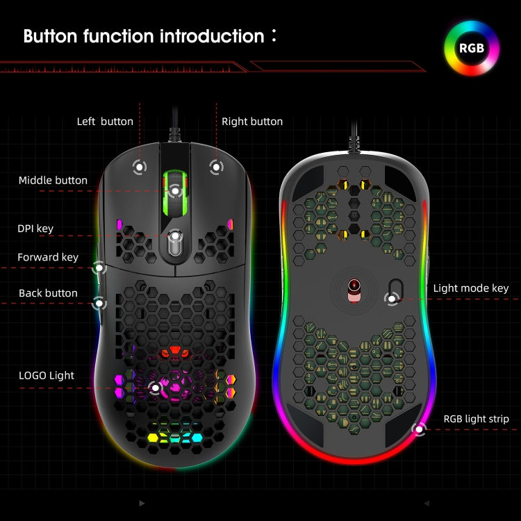 HXSJ X600 6 Teclas RGB Luminous Macro Programación Wired Gaming Mouse, X600
