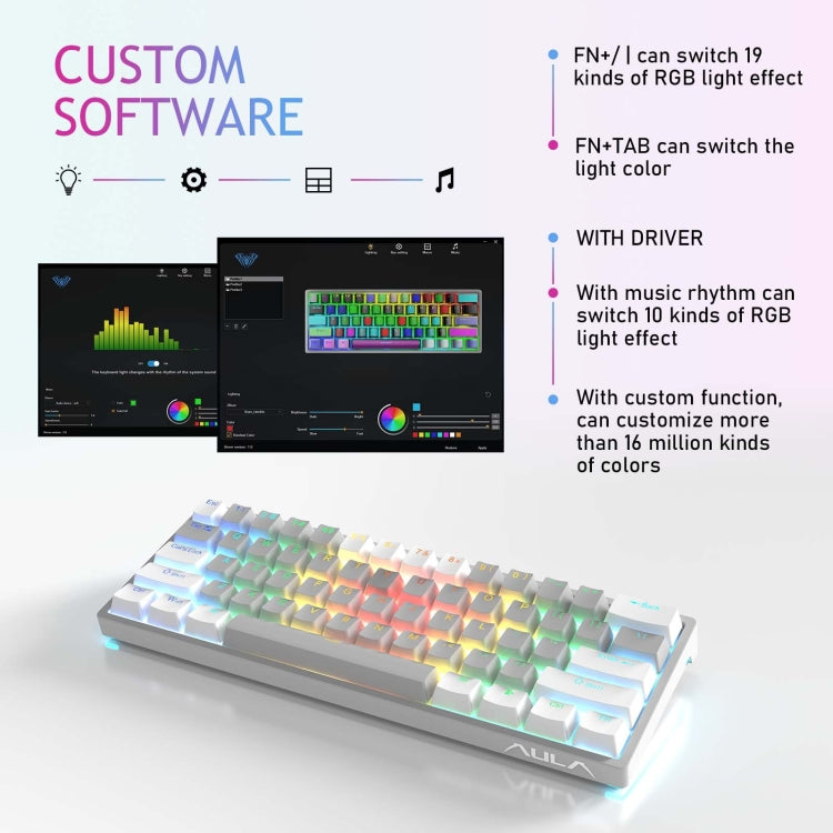 AULA F3261 Type-C Teclado mecánico RGB con 61 teclas intercambiables en caliente con cable