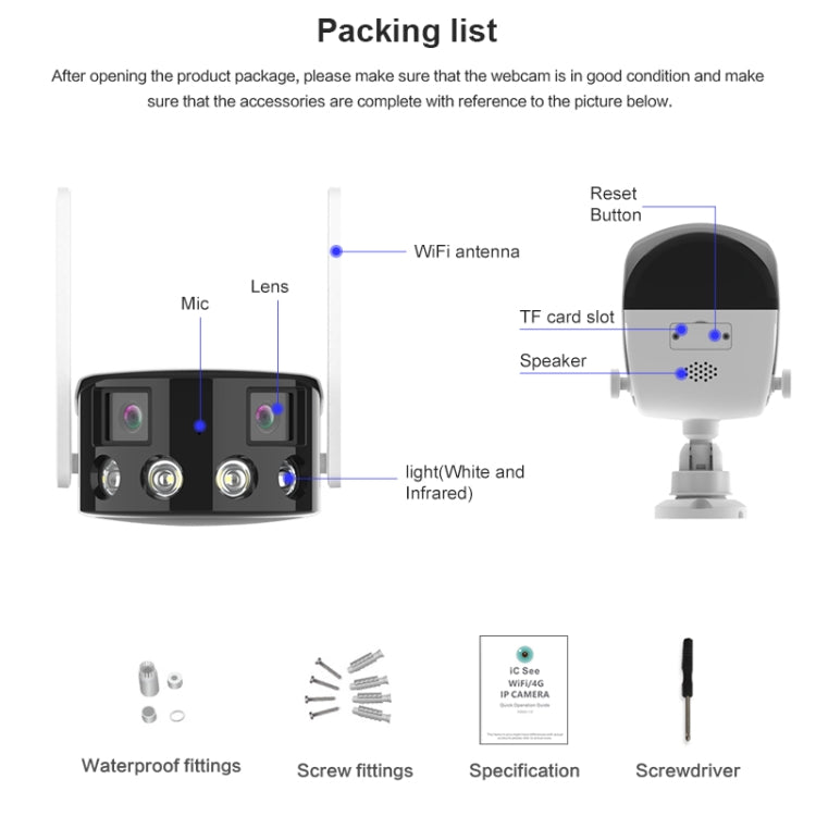 Q38 WIFI Reconocimiento humanoide AI Alarma Cámara IP dual de 2MP de 180 grados, AU Plug, US Plug, EU Plug, UK Plug