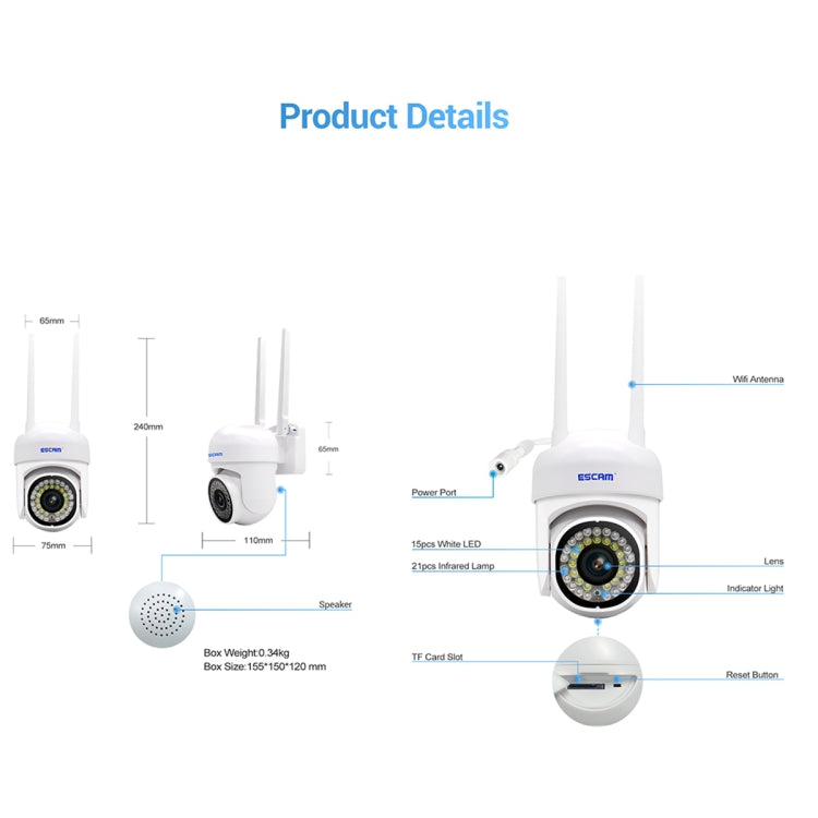 ESCAM PVR007 3MP Smart HD WiFi Camera Support Visión nocturna a todo color / Detección de movimiento / Alarma de sonido / Tarjeta TF, PVR007