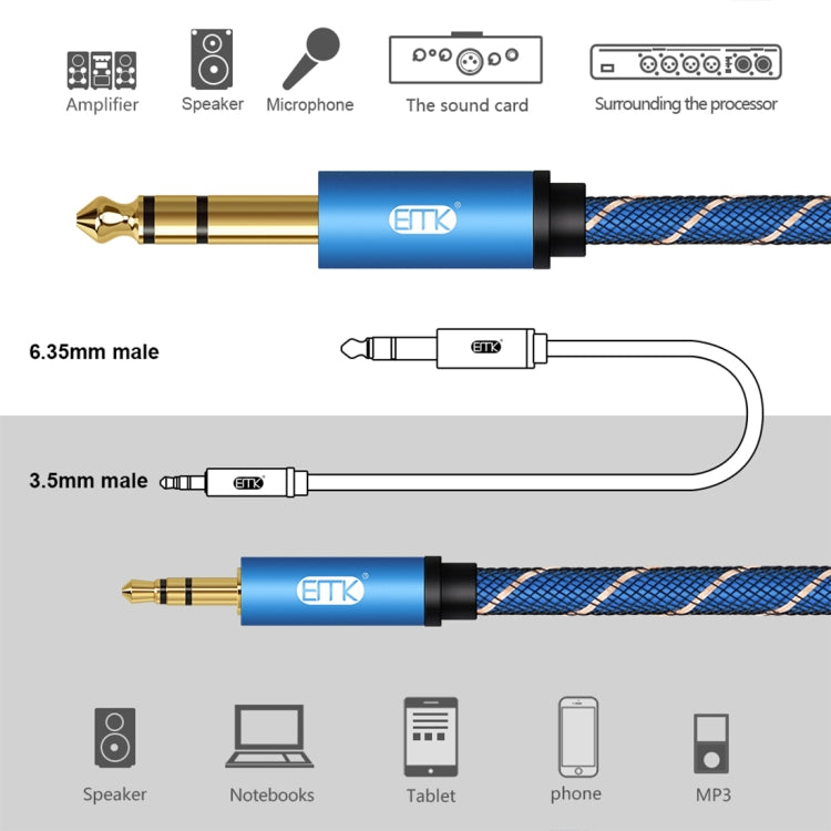 Conector macho EMK de 3,5 mm a conector macho chapado en oro de 6,35 mm Cable auxiliar trenzado de nylon para computadora / X-BOX / PS3 / CD / DVD, 1m, 1.5m, 2m, 3m, 5m