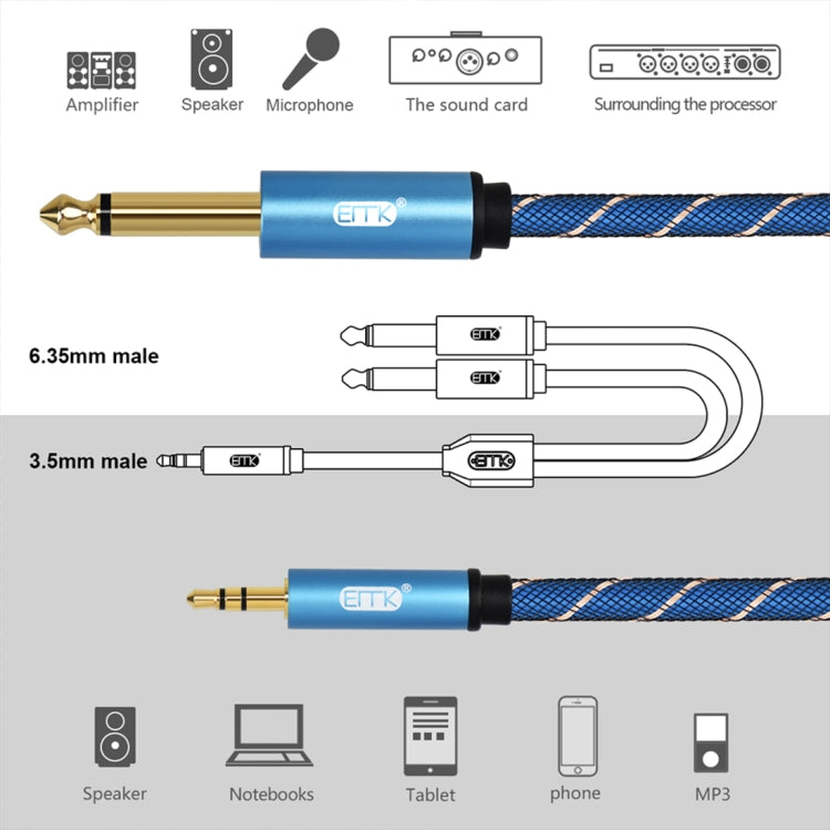 Conector macho EMK de 3,5 mm a conector macho chapado en oro de 2 x 6,35 mm Cable auxiliar trenzado de nylon para computadora / X-BOX / PS3 / CD / DVD, 1m, 1.5m, 2m, 3m, 5m