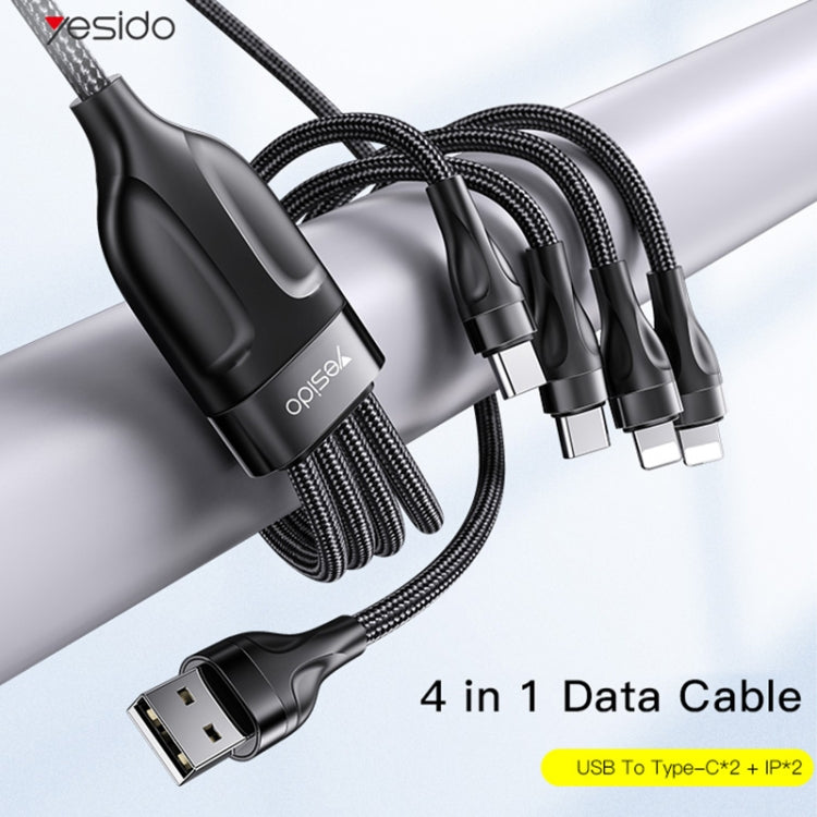 YESIDO CA111 1.2m 4A USB a doble tipo C + cable de carga dual de 8 pines, CA111